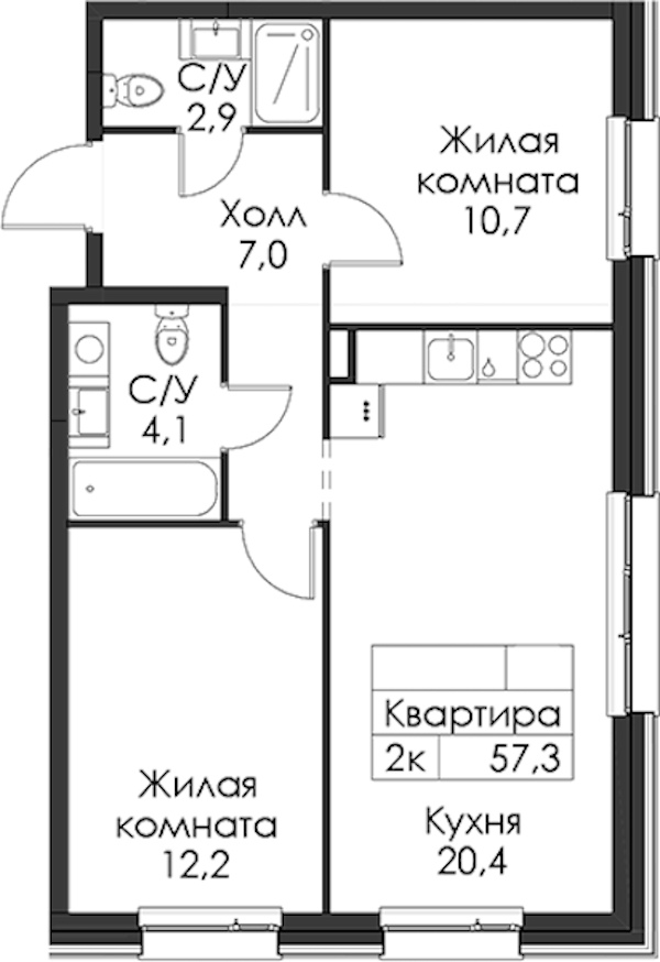2-комнатная квартира 57.3 м², 3/8 эт., ЖК «Шкиперский 19»
